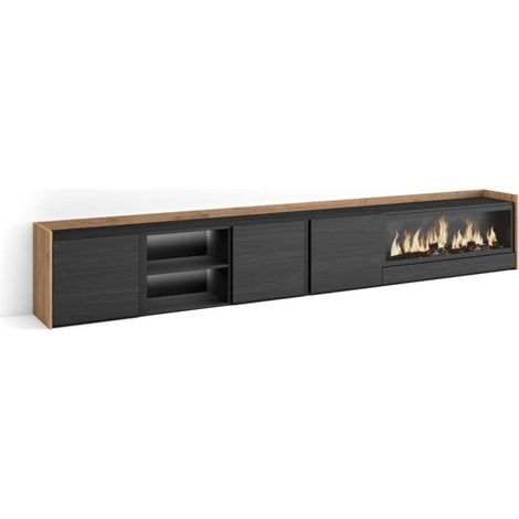 Mueble TV Benahavís-02 de 315x50x35 cm con chimenea y luces LED, color negro y roble (1/4)