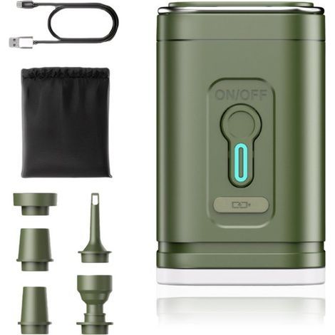 Longziming - Pompe de gonflage avec lampe de camping LED – 2400 mAh • USB-C • 5 embouts • Pour matelas pneumatiques, bouées, activités de plein air et sacs sous vide – Compacte et portable – Verte (1/5)