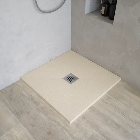 Receveur de douche carré 90 x 90 cm en marbre synthétique ivoire effet pierre h3 cm Milos (1/4)