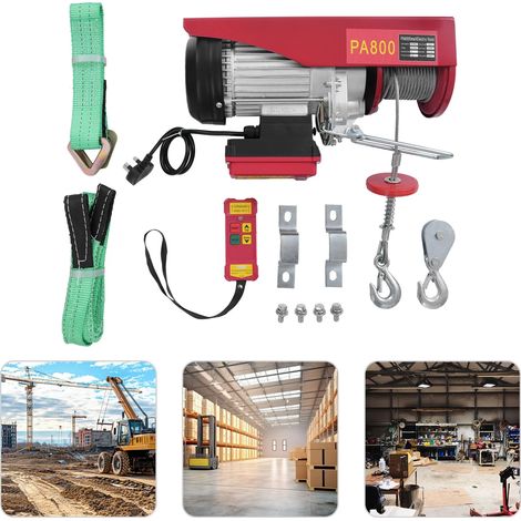 800kg Electric Hoist with Wireless Remote Control, 12m Steel Cable 2 Slings, 1450W, UK Standard