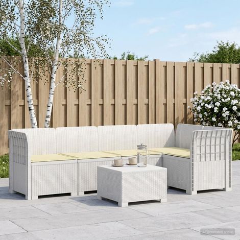Canapé de Jardin 5 Places Modulable en PP Aspect Rotin avec Coussins Blanc et Crème - PANGIVO (1/5)