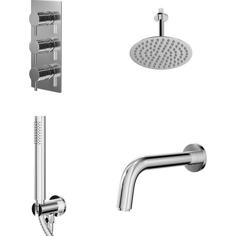 Circo Polished Chrome Concealed Triple Thermostatic Shower Valve with Diverter and 200mm Round Head with 150mm Ceiling Arm and Clyde Slide Rail Kit with Bath Spout - 3 Outlet (1/5)
