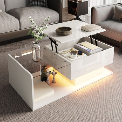 DESMIU Table Basse Relevable 1 niche et LED avec Rangement Ouvert et Fermé pour Salon 100 × 50 × 33/47,5 cm (1/4)