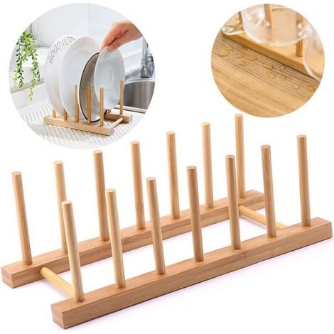 Rack Plateau Rangement Porte Vaisselle Cuisine Plaque Bambou Egouttoir Verticale Support Bambou Assiettes pour Assiettes, Bols, Tasses, Couvercles Casseroles, Planches Découper,Livres—6 Grilles (1/5)