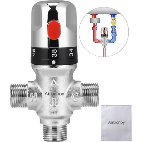 Valve de mélange thermostatique,, G1/2-DN15, contrôle de température, protection contre les brûlures, réglable entre 20°C et 50°C, laiton, multicolore (1/5)