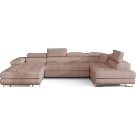 Canapé panoramique convertible ROMANO tissu - Rangement et appuie-têtes réglables à droite-Rose clair-Coffre à droite (1/5)