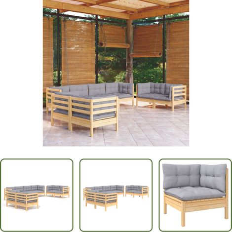 Terrassensofa - 8-tlg. Garten-Lounge-Set mit Grauen Kissen Kiefer Massivholz (1/5)