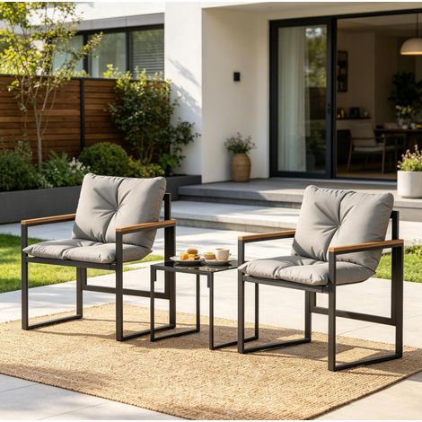 Conjunto de jardín 3 piezas 64x62x68 cm de metal negro y gris con mesa de cristal – MEUBLIV (1/5)