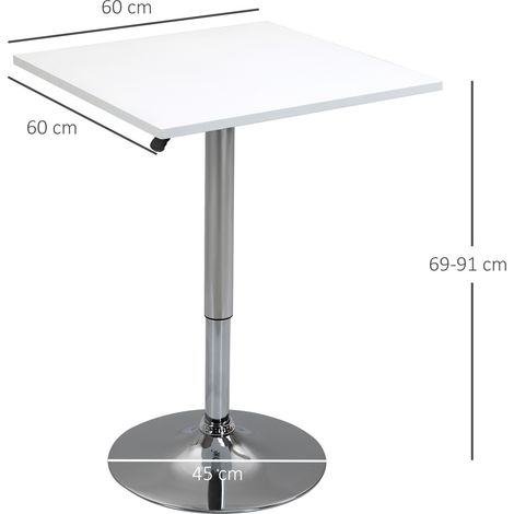 Mesa de bar regulable en altura, giratoria 360°, patas resistentes a los arañazos, base metálica estable, color blanco.