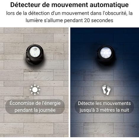 Projecteur à LED sans fil pour intérieur/extérieur avec détecteur de mouvement, marche/arrêt automatique et alimentation par piles Noir (1/3)