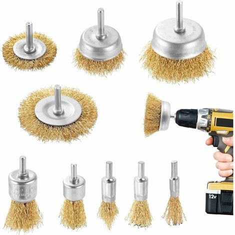 Spazzola metallica da 9 pezzi per trapano per metallo, smerigliatrice circolare con kit di spazzole con gambo da 1/4 di pollice per rimuovere ruggine/corrosione/vernice (1/4)