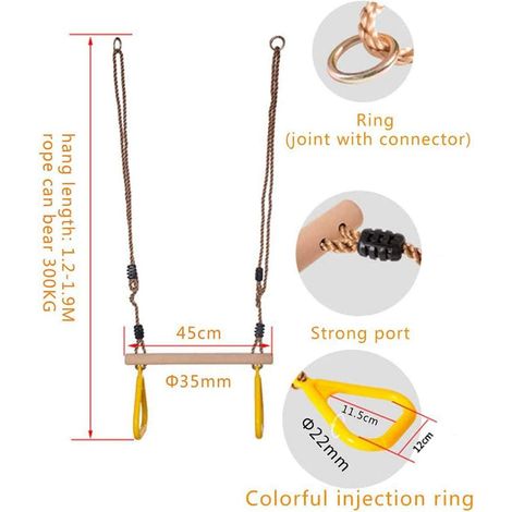 Barra De Trapecio Para Niños - Barra De Madera Con Anillos De Plástico - Ajustable De 1,2 A 1,9 M - Para Interior Y Exterior - 1 Unidad (1/5)