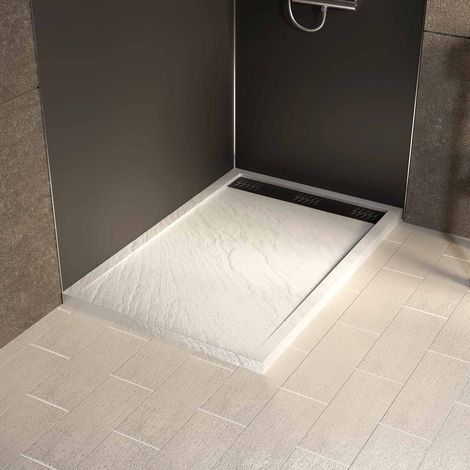 Piatto Doccia in Acrilico MOON Bianco Effetto Pietra 80x120x4 cm Griglia Lineare Nera