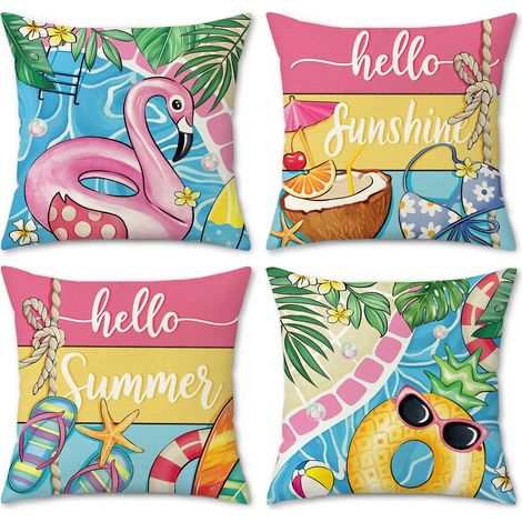 Housse de Coussin Bonjour Été 45 x 45 cm Piscine Flamant Rose Ananas Plage Décoratif Taie d'oreiller pour Canapé Salon Chambre Chaise Jardin Patio Maison Été Décoration 4 Pièces (1/5)