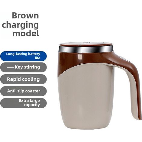 Tasse à mélange automatique en acier inoxydable, tasse magnétique pratique, tasse à café portable, mug imprimable (modèle à chargement USB [marron], 301-400 ml) (1/5)