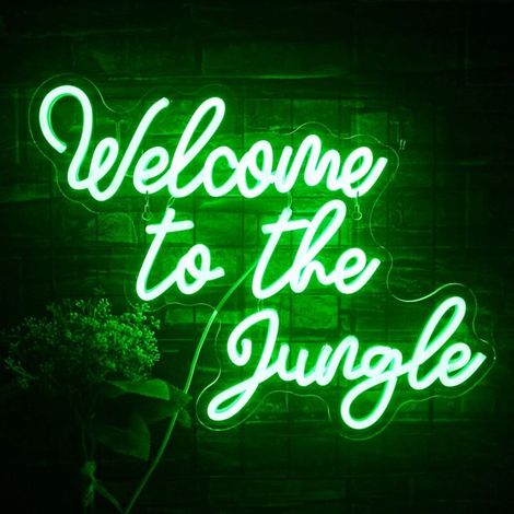 Enseigne néon « Welcome to The Jungle » – Luminaire LED vert en forme de texte, alimenté par USB parfait pour les jardins, les entrées, les porches et les soirées (1/5)