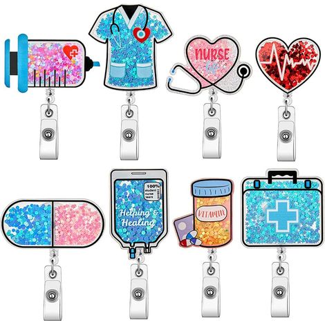 Lot de 8 porte-badges d'infirmière rétractables à paillettes avec pince crocodile pivotante, pour infirmières, médecins, employés d'hôpital (1/5)