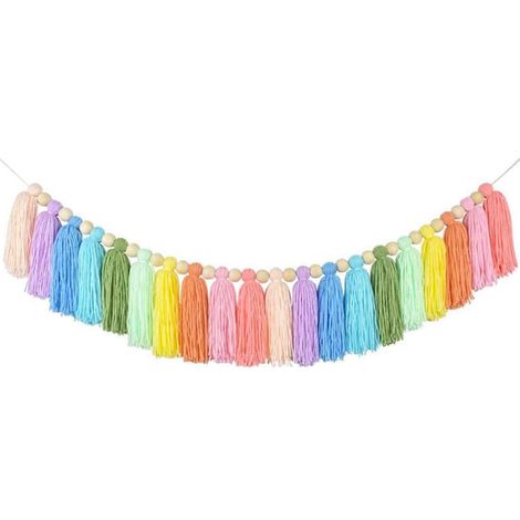 Guirlande à pompons arc-en-ciel de 94 cm avec perles en bois pour la décoration de chambre et de fête (1/5)