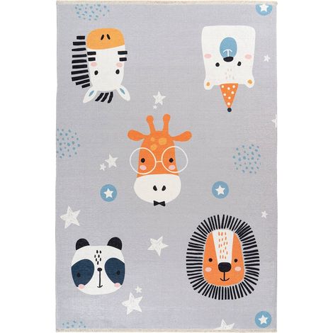 Tapis enfant doux antidérapant animaux multicolore - gris clair à motifs animaux multicolores (1/3)