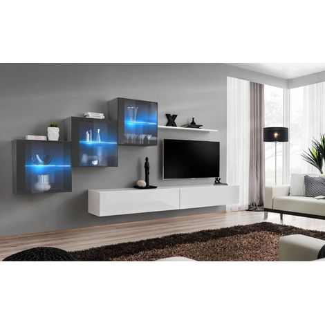 Ensemble mural - Switch XX - 3 vitrines - 2 bancs TV - 1 étagère - Blanc et graphite - Modèle 2 - Livraison gratuite