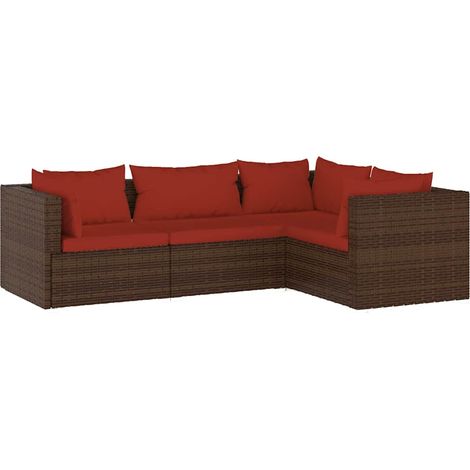 Salon de jardin 4 pcs Mobilier de jardin avec coussins Résine tressée Marron (1/5)