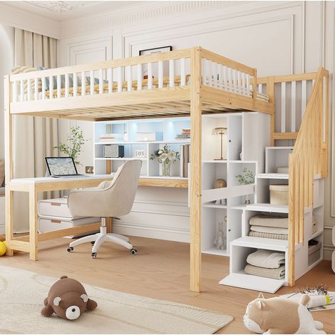 Lit mezzanine 140x200 cm avec LED, échelle de rangement et bureau, en bois, blanc et naturel, sans matelas (1/5)