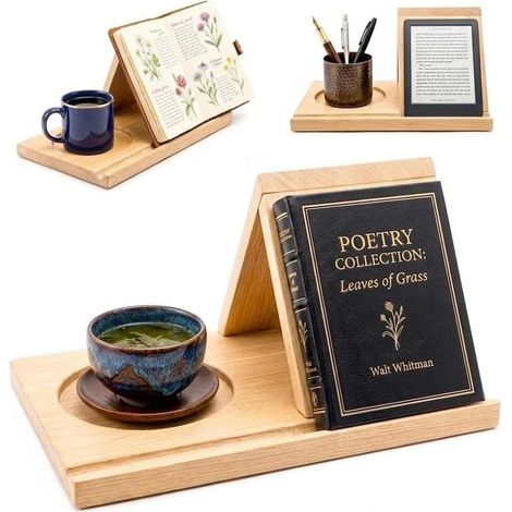 Support de lecture triangulaire en bois pour livres, tablettes et liseuses, idéal pour le bureau, la table de chevet et les étagères. (1/5)
