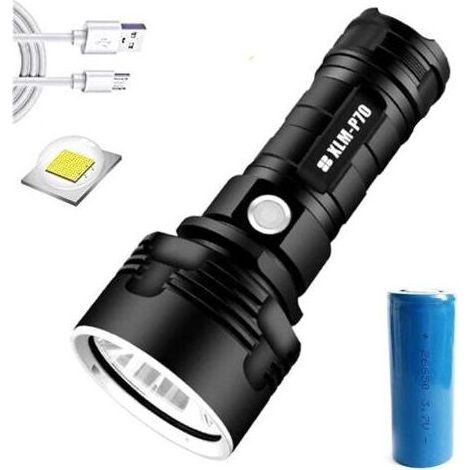 Hochleistungs-LED-Taschenlampe mit 30000-100000 Lumen, wasserdicht, ultrahell, 3 Modi, wiederaufladbare USB-Taschenlampe mit hoher Helligkeit (50W XLM-P70, eine Batterie) (1/4)