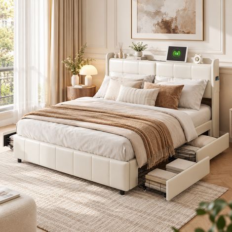 Lit Double 160x200 cm avec 4 Tiroirs, Lit Adulte avec USB et Type-C, Tête de Lit Rembourrée PU, Sommier à Lattes, Sans Matelas,Blanc (1/5)