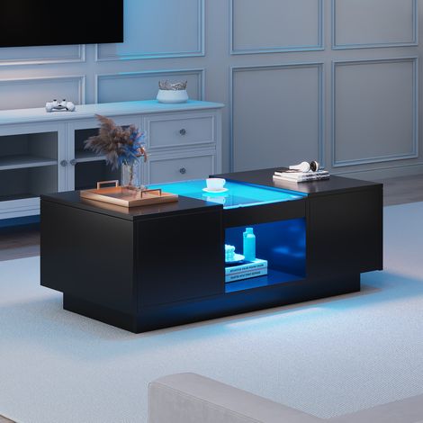 Schwarzer Glas-LED-Couchtisch, 100x50x35,5 cm, App-Steuerung, 2 Schubladen, Offenes Fach (1/5)