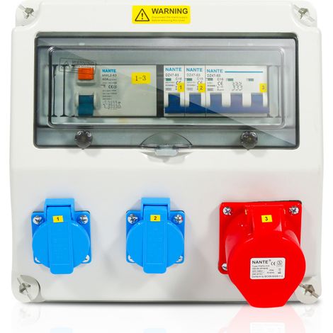 Randaco Site Box Distributore da parete con magnetotermico e FI, distributore elettrico da cantiere a 5 poli con 2 prese Schuko e presa CEE 16 A per interni ed esterni