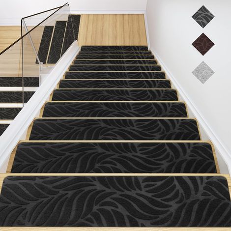 Tapis d'escalier pour escaliers en bois - Tapis d'escalier antidérapant en feutre pour intérieur - 76 x 20 cm - Feuille de bananier noire
