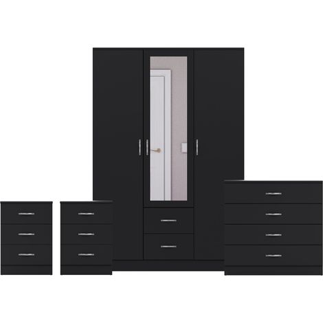 Riano 4 Piece Bedroom Set (3 Drw Bedside Chest, 4 Drw Chest, 3 Dr 2 Drw Mirrored Wardrobe), Black (1/3)