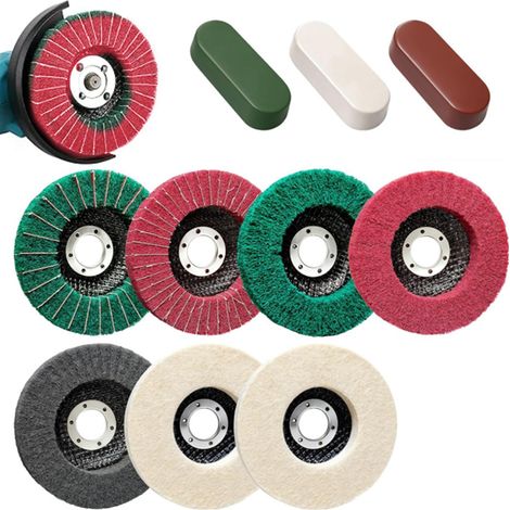 Lot de 10 disques de polissage de 115 mm pour meuleuse d'angle, 5 disques de polissage en nylon, 2 disques à lamelles en laine et 3 pâtes de polissage, disque abrasif pour nettoyage des métaux (1/5)