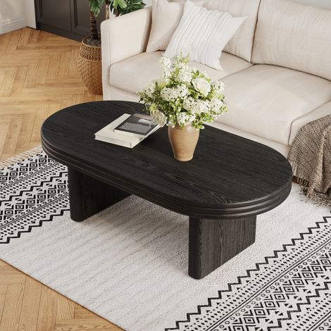 Table Basse Ovale Cannelée avec Pieds, Plateau Aspect Bois, Style Mid-Century Moderne, en MDF, 120×60×41,5 cm, Noir (1/5)