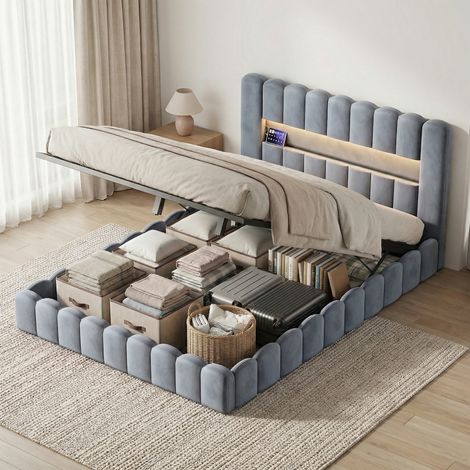 Fortuna Lai – Lit coffre king size 180x200 cm en velours gris – Tête de lit LED RGB avec ports USB – Sommier relevable et rangement optimisé