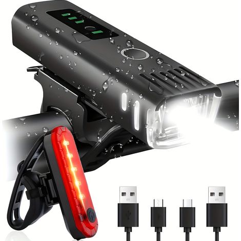 Set di luci per bicicletta impermeabili ricaricabili tramite USB, 4 modalità di illuminazione, luci anteriori e posteriori super luminose per pedalare di notte. (1/5)
