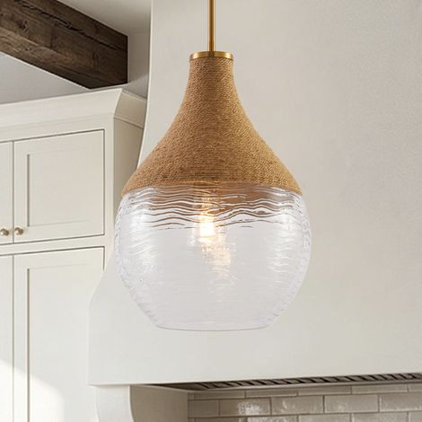 Parrot Uncle Pendelleuchte 33 cm, Hängeleuchte aus Glas, Seil und Stahl in Gold, E27 Boho Pendellampe für Esszimmer Küche Wohnzimmer