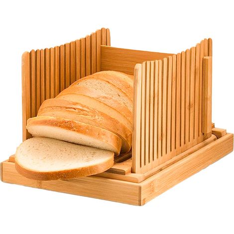 Bamboo Wood Foldable Bread Slicer - Adjustable Thickness - Bread Slice Guide with Crumb Tray - For Homemade Bread, Cakes, Bagels, Collapsible and Compact 12.5" x 8.5" x 1.6" original