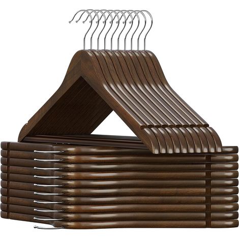 Lot de 20 Cintres en Bois, Robustes et Lisses, Cintre en Bois pour Votre Armoire, Crochet pivotant 360°, découpes au Niveau des épaules, antidérapantes, Brun Foncé (1/5)