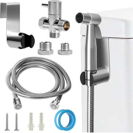 Kit de rociador de bidé de acero inoxidable, kit de rociador para inodoro con válvula de 3 vías (1/2"-3/8"), rociador de bidé portátil para higiene personal, cuidado de mascotas y limpieza de pañales. (1/5)