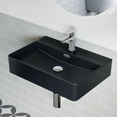 Lavabo vasque suspendue murale en céramique, Noir vasque à poser rectangulaire avec trou pour robinet et trop-plein pour petites toilettes invités (1/5)
