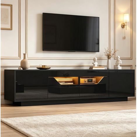 Mobile TV 180x40x45 cm nero lucido con LED, 2 cassetti e 2 ante, per TV fino a 75 pollici (1/5)