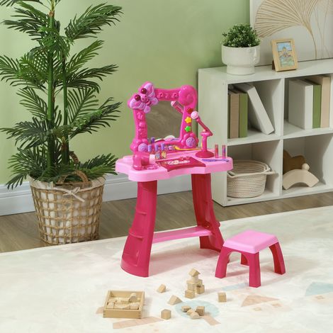 Set da toeletta per bambini da 15 pezzi con sgabello e specchio, luce, musica, microfono, asciugacapelli e vano portaoggetti.