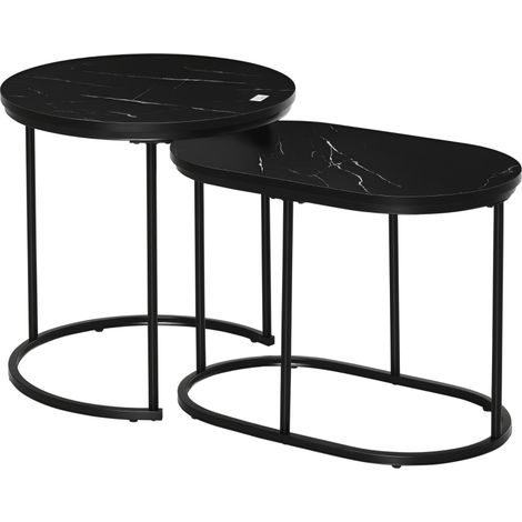 Nest of Tables with Steel Frame and Faux Marble Tabletop, Modern Coffee Table Set of 2, Black/White (1/4)