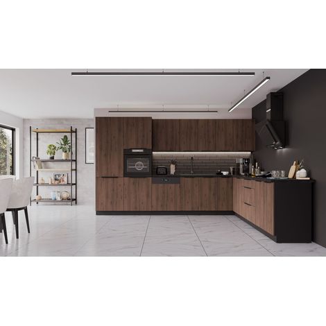 Winkelküche MONZA 350x290 cm Küchenzeile Eckküche Küche Nußbaum Okapi Schwarz (1/5)