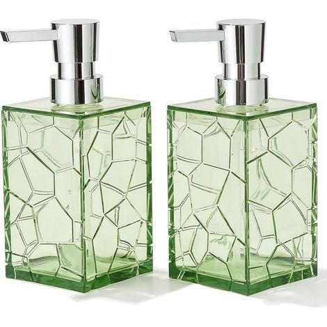 Set of two clear acrylic plastic liquid soap dispensers for bathroom and kitchen, green (1/5)