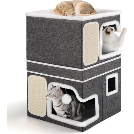 1 - Maison Pour Chat - Griffoir - 3 Niveaux Avec 2 Grottes Et Balles Suspendues Pour Plusieurs Chats Gris 40x40x63cm (1/5)