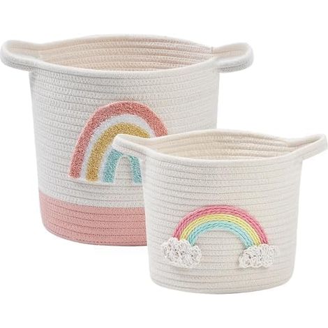 Paniers Cadeaux Blancs Tissés avec Poignées Déco Arc-en-Ciel Rangement Enfants Jouets Organisateur Décoratif Maison (1/5)