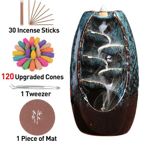Porte-encens à effet cascade avec 120 cônes à contre-courant + 30 bâtons d'encens + 1 tapis + 1 pince pour maison, bureau et yoga
